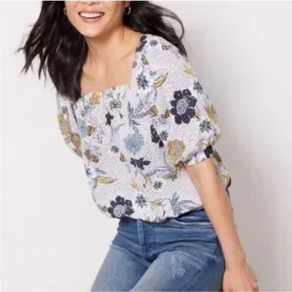 NWOT Evereve Adina Square Neck Floral Print top Size S blue and white print - Picture 1 of 8